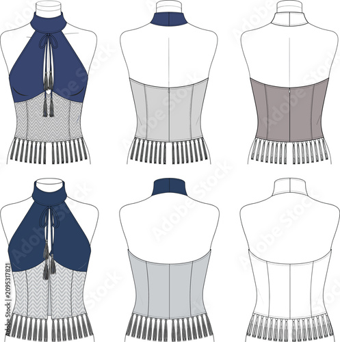 Modern western halter corset top featuring high neck keyhole tassels and fringe hem for apparel manufacturing vector flat sketch