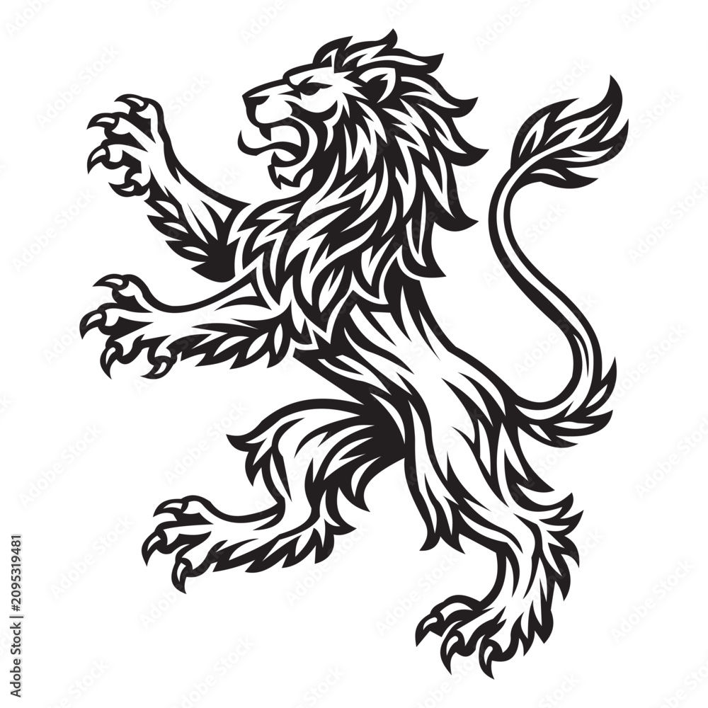 Fototapeta premium Heraldic lion rampant vector icon black and white silhouette isolated on white background. Royal lion crest design element for logo or tattoo.