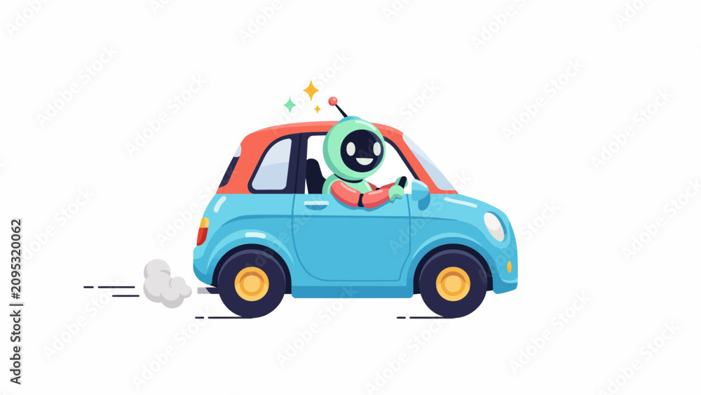 Fototapeta premium Happy Robot Driving Car: A cute, smiling robot with antennae drives a small, blue and orange car, leaving a trail of motion lines, symbolizing progress and technology.