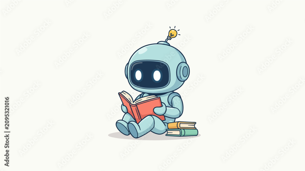 Fototapeta premium Robot reading book sitting on floor books stack of books antenna
