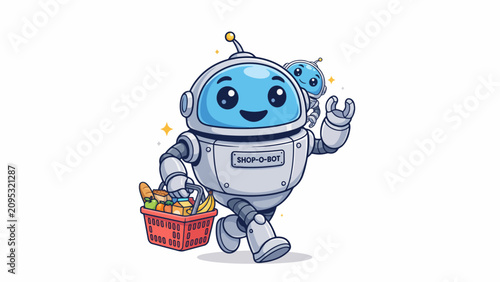 Tableau sur toile Robot holding shopping basket colorful products white background vector illustra