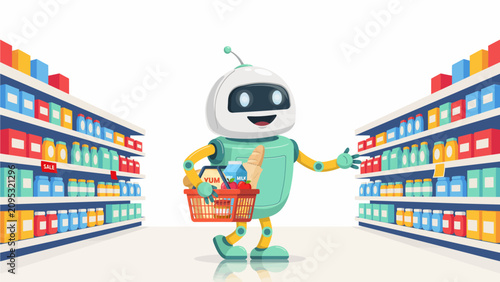 Photos Robot shopping in supermarket aisle with basket grocery store retail ecommerce