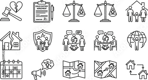 Foto Vector linear family law and divorce settlement line icon set featuring child cu