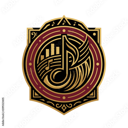 Ornate golden music note crest on dark shield background.