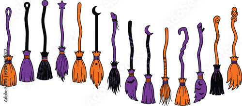 Foto Spooky halloween witch brooms collection orange and purple magical broomsticks f