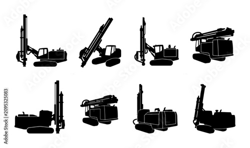Photos Drilling Rig Vector Icons Set, Construction Equipment Silhouettes, Heavy Machine