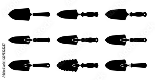 Fotografía Gardening Trowel Icons Set, Hand Tool Vector Graphics, Digging Spade Silhouettes