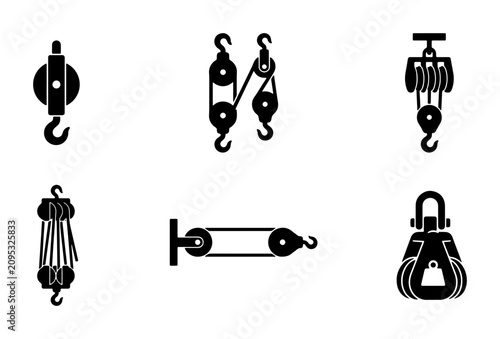 Industrial Pulley Systems, Vector Icons Set: Lifting Mechanisms, Hoisting Equipment, Mechanical Advantage