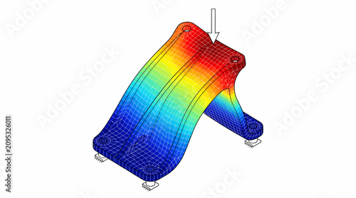 Finite element analysis schematic showing stress distribution on a metal bracket under load