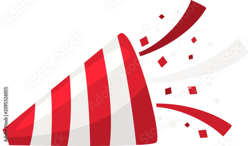 Canvastavla Red and white striped party popper side view exploding with confetti and streamers graphic illustration in flat lighting on black background