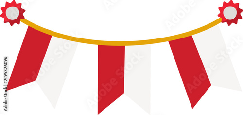 Tableau sur toile Red and white flag garland bunting, frontal view, for festive holiday celebration, minimalist vector illustration, flat lighting, solid black background