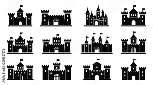 Cuadro en lienzo Black vector castle icons set with fortresses and towers