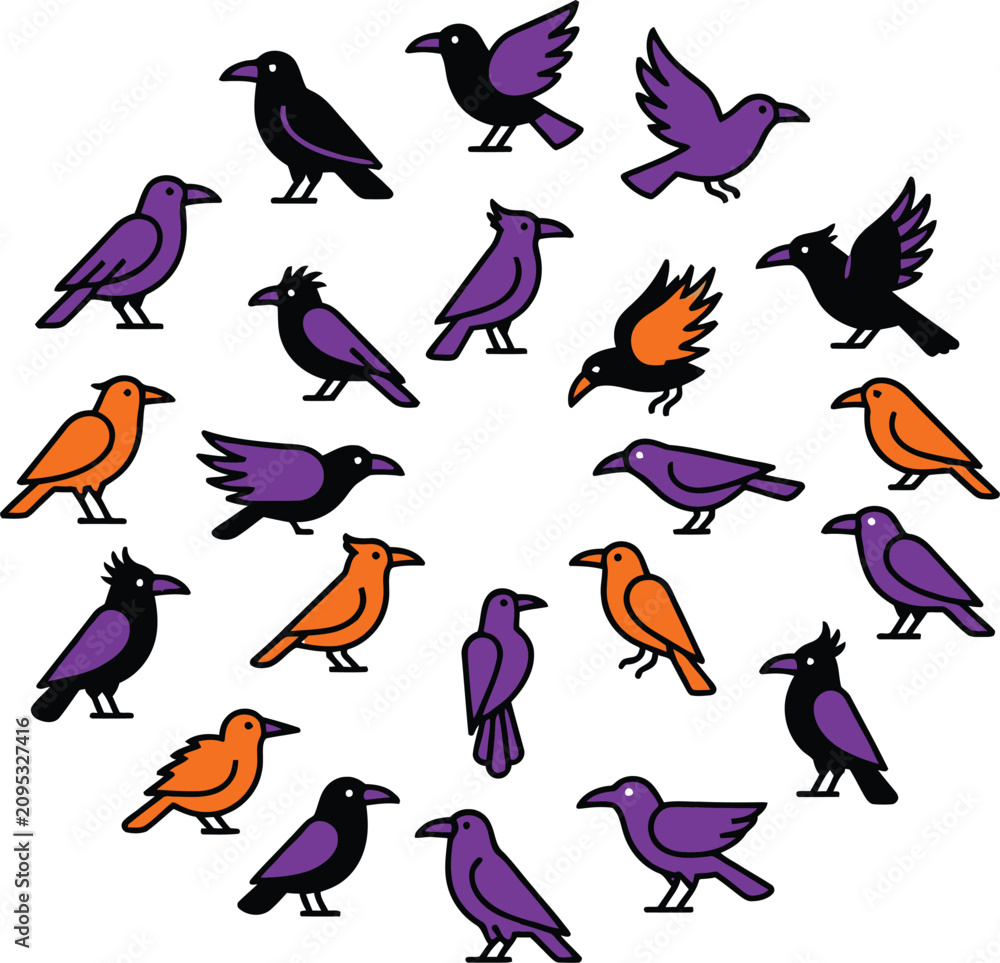 Fototapeta premium Halloween ravens and crows circle spooky autumn bird illustration for festive designs