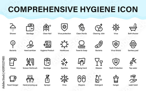 Comprehensive Hygiene Icon Collection with Hand Washing, Sanitizer, Tissue, Bathroom Essentials, Medical Care and Cleaning Equipment Icons