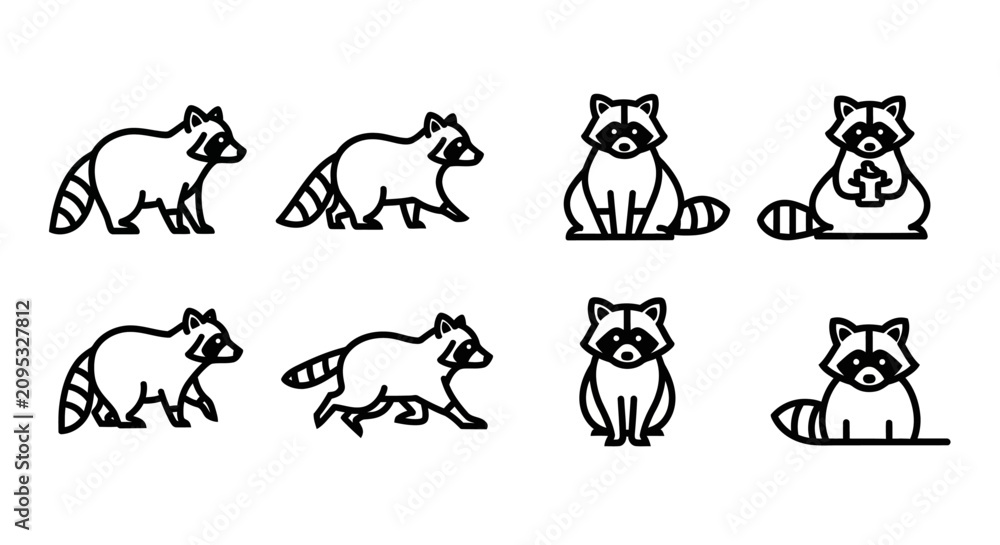 Fototapeta premium Minimalist Raccoon Vector Illustration Set Featuring Cute Animal Outlines