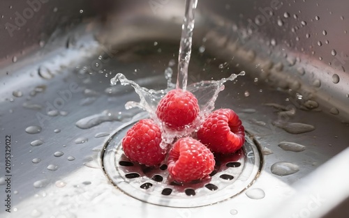 Fresh red raspberries being washed under running water in a stainless steel kitchen sink.