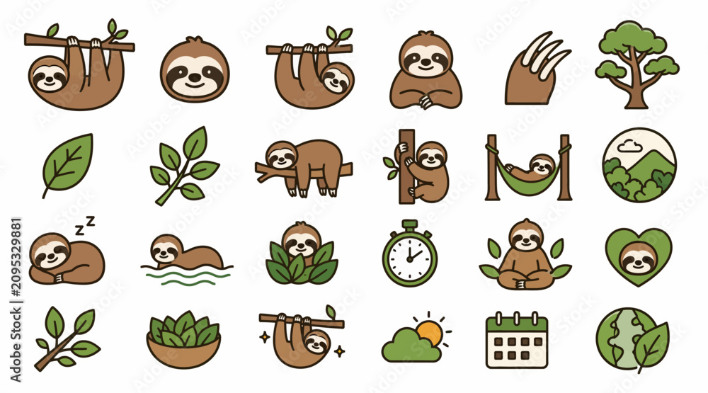 Fototapeta premium Cute Sloth Icons and Nature Elements Collection.