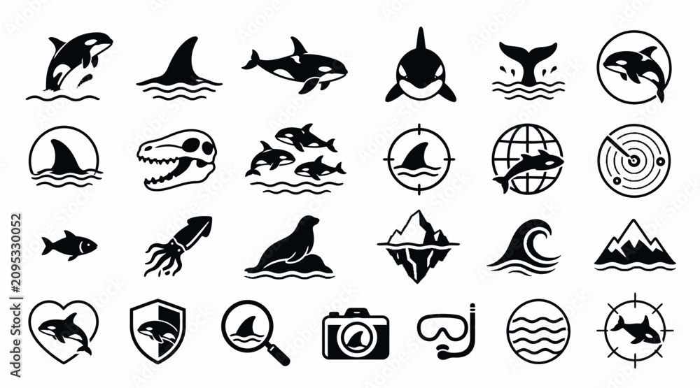 Obraz premium Black and white marine life and ocean icons collection.