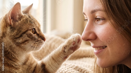 Adorable domestic cat touching woman nose with its paw showing affection and deep bond