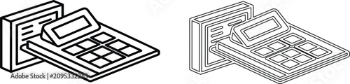 Photos Two versions of an isometric calculator with an adjacent rectangular document on