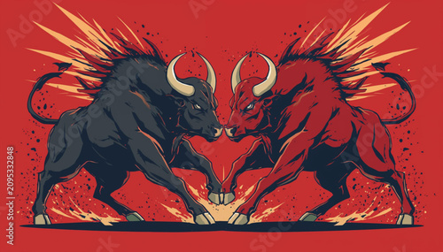 Foto Two powerful bulls locked in a fierce, aggressive battle