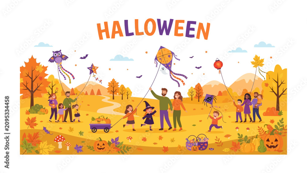 Fototapeta premium Halloween Festival Celebration: A vibrant illustration depicts a joyful Halloween festival with families flying kites amidst autumn foliage, pumpkins, and a spirit of community.