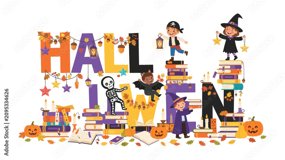 Fototapeta premium Happy Halloween Typography: A festive and playful typographic display spells out HALLOWEEN with whimsical characters and elements, including children in costumes, pumpkins, and autumn leaves.