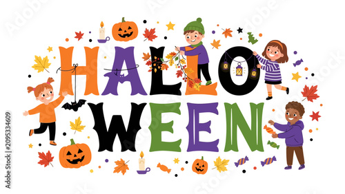 Cuadro en lienzo Halloween Kids Party Decoration: Children gleefully decorate the word Halloween with pumpkins, bats, and falling leaves, embodying the festive spirit of the holiday
