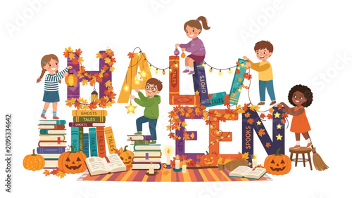 Foto Halloween Celebration with Children and Books: Young children decorate a vibrant HALLOWEEN sign with autumn leaves and fairy lights, surrounded by stacks of books and festive pumpkins