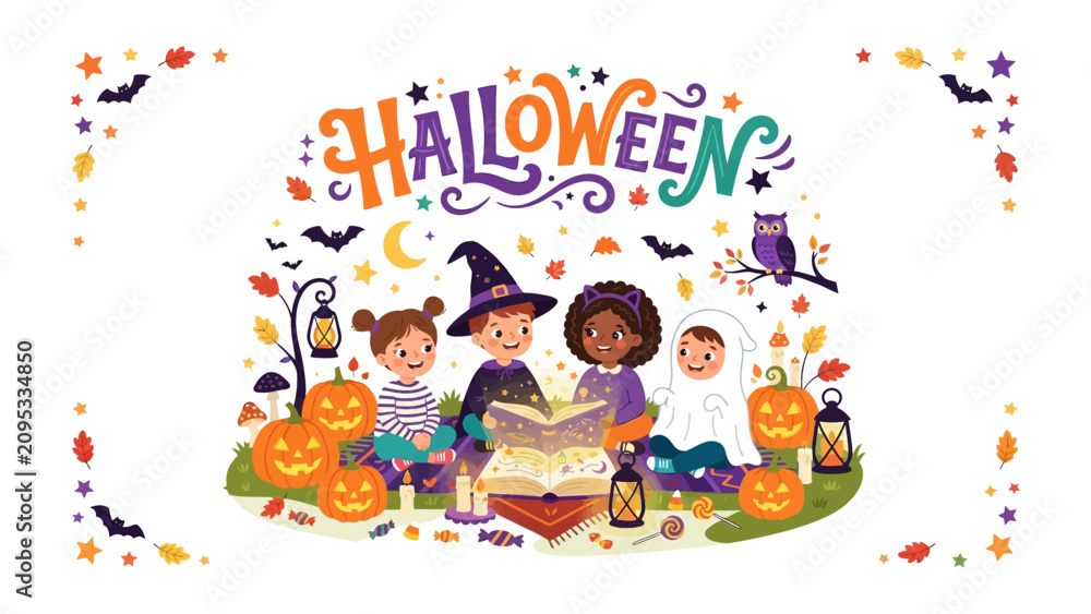 Naklejka premium Spooky Tales: A group of diverse children dressed in Halloween costumes gather around an open book, sharing stories under a whimsical night sky filled with bats, crescent moon.