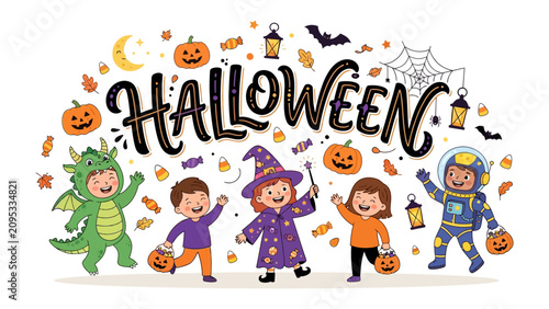 Foto Halloween Fun for Kids: Adorable children in festive costumes, including a dragon, witch, and astronaut, celebrate Halloween with candy and joy