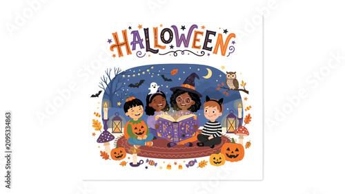 Photos Halloween Magic: Children in delightful Halloween costumes gather around, engrossed in a spooky storybook illustration, surrounded by festive pumpkins, playful bats, and a mystical autumn night sky