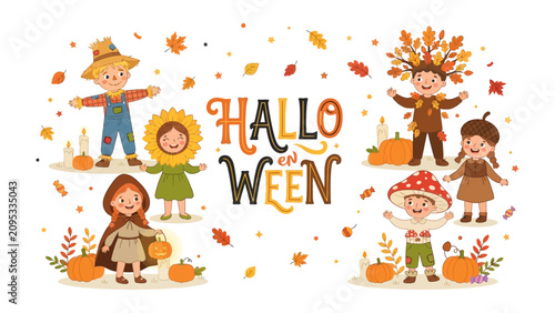 Photography Spooky Celebration: A delightful gathering of children dressed in whimsical Halloween costumes, surrounded by pumpkins, autumn leaves, and flickering candles