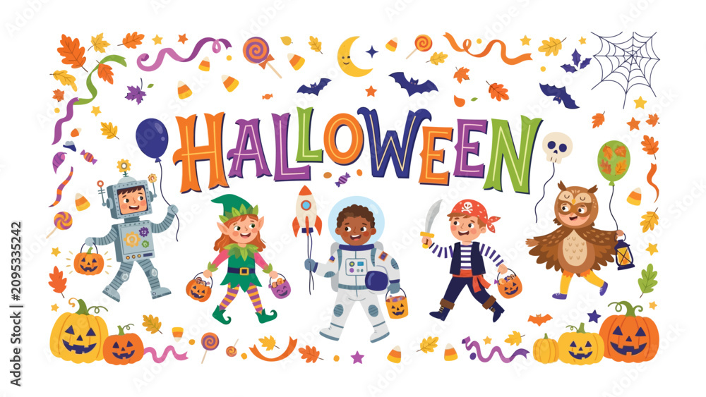 Fototapeta premium Halloween Celebration: A vibrant and whimsical illustration depicts children in various costumes – a robot, an elf, an astronaut, a pirate, and an owl – celebrating Halloween with pumpkins, bats.