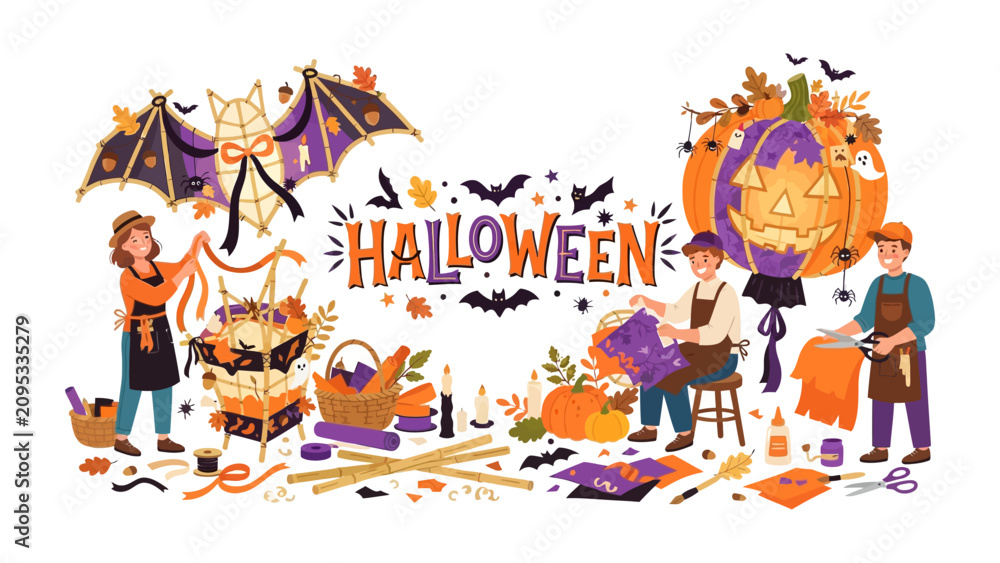 Fototapeta premium Halloween Craft Workshop: A delightful illustration depicting a lively Halloween craft workshop where individuals are busy creating spooky decorations like pumpkins, bats, and garlands.