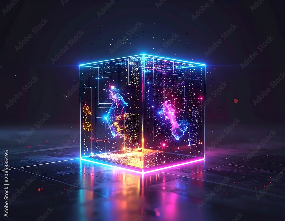 Fototapeta premium Neon glowing cube with colorful lights.
