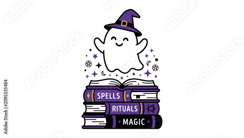 Tableau sur toile Whimsical Halloween Ghost with Spell Books: A cute, smiling ghost wearing a witch hat hovers above a stack of spell books labeled Spells, Rituals, and Magic