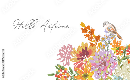 Crayon doodle autumn botanical background with hand painted dahlia, Autumn leaves, wild flowers and bird for fabric, home decor and surface design. Vector file.