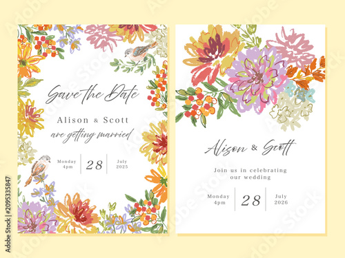 Autumn botanical wedding invitation card with Crayon doodle dahlia, Autumn leaves and wild flowers for fabric, home decor and surface design. Vector file.

