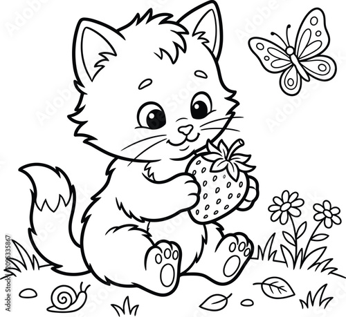 Cute kitten with strawberry coloring page for kids and adults printable design