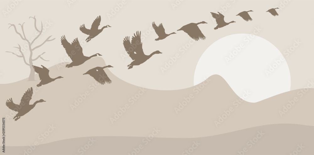 Fototapeta premium Flock of Birds Flying in V-Formation Against Desert Landscape and Rising Sun Vector Illustration