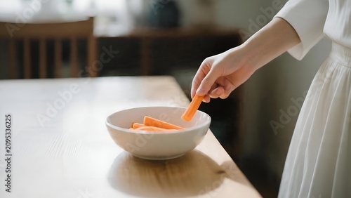 A woman reaching for a carrot stick from a white bowl on a wooden table.
