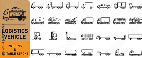 Foto Logistics Vehicle Outline Icons Set - 28 Editable Stroke Delivery and Cargo Tran