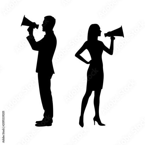 People with Megaphones Silhouette Vector - Man and Woman Shouting Announcement Clipart
