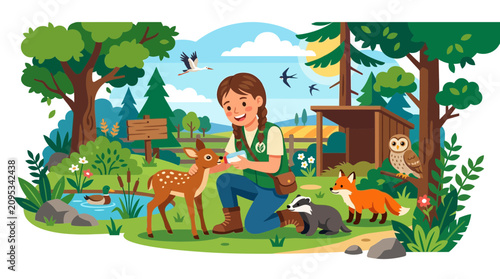 Photography Wildlife Rehabilitator Feeding Fawn with Wild Animals in Nature Sanctuary