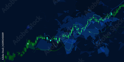 financial line charts over world map vector illustration blue green data visualization economy market trend analysis investment finance global business