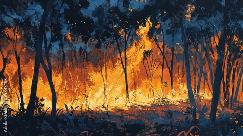 Wildfire engulfs the forest at night, creating a sharp contrast between the dark blue sky and the bright orange flames that consume the trees in a dramatic scene of natural destruction and danger.
