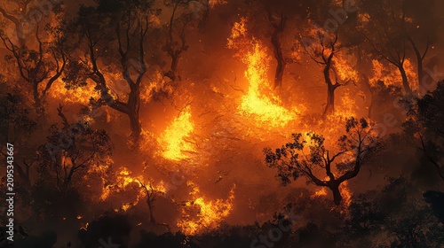 Forest fire blazes intensely through a dense thicket of trees as flames consume the natural landscape at night.