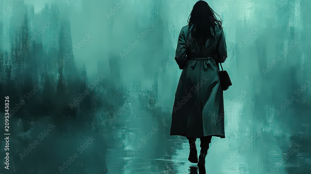 Obraz premium Woman in a long trench coat walks away into a mysterious and foggy urban environment during the twilight hours.