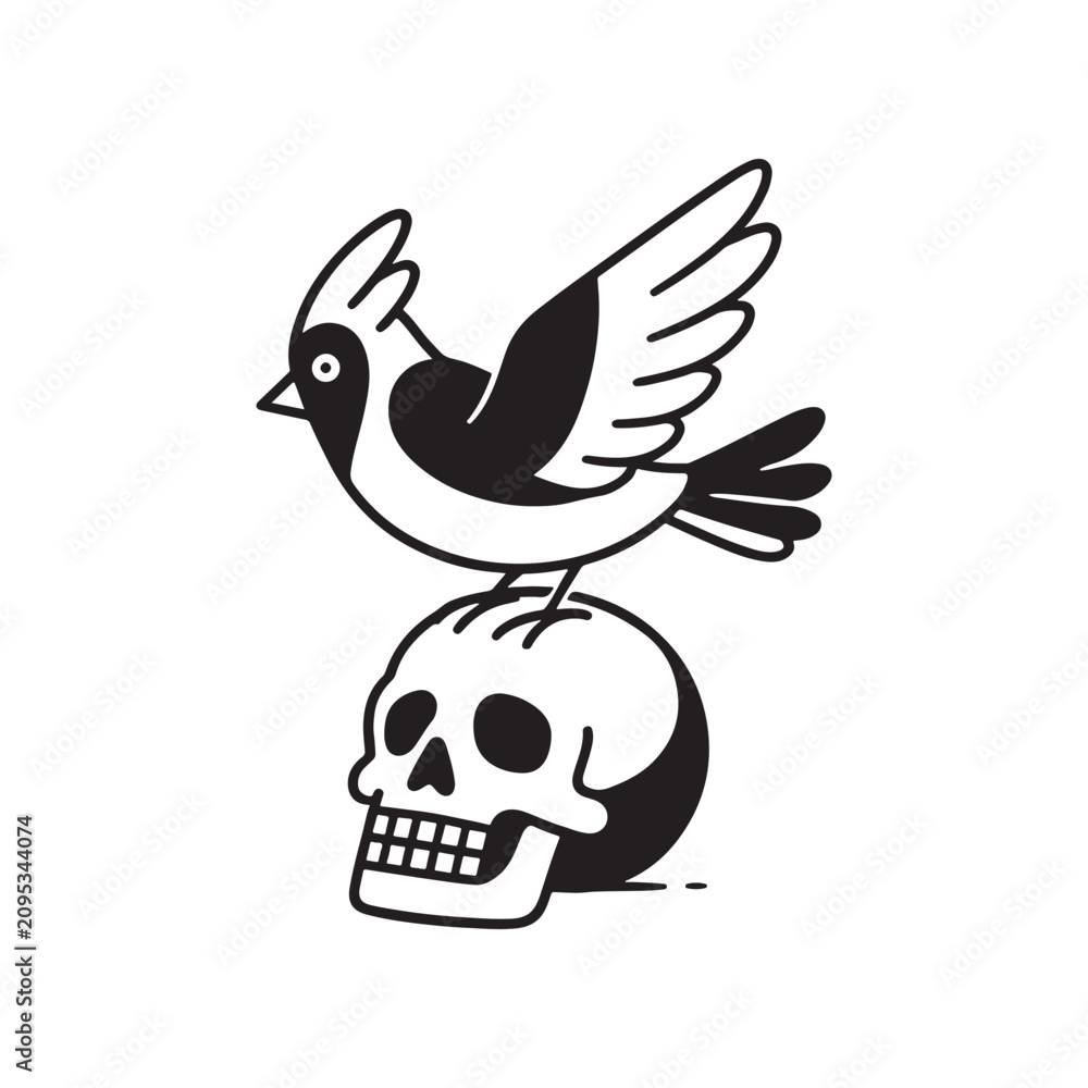 Obraz premium Gothic Illustration of a Raven Perched on a Human Skull